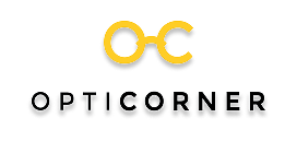 Logo Opticorner avec symbole OC jaune et texte noir.