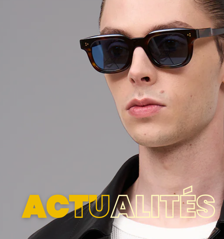 Portrait d’un homme portant des lunettes de soleil noires avec le mot « actualités ».